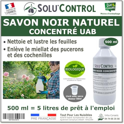 Savon Noir Naturel Concentré UAB Solu'Control, 500 ml, Nettoyant Feuilles et Enlève Miellat - pucerons - cochenilles