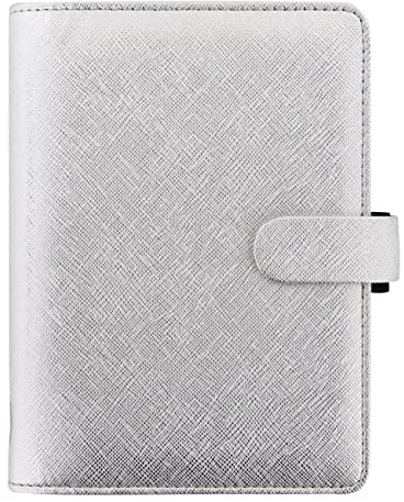 Filofax Saffiano Metallic Organizer, persönliche Größe, Silber - Kreuznarbung, Lederoptik, helles Metallic-Finish, Sechs Ringe, Wochenansicht, Kalender, Terminplaner, mehrsprachig, 2025 (C028754-25)