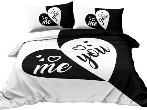 XFDFGW Bettbezug You and Me Schwarz Weiß Bettwäscheset mit Herz Print 3 Teilig Moderner Bettbezug für Paare Romantisches Thema Bettbezug,Doppelbett