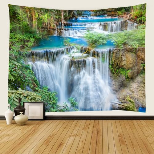 AMDXD Wandteppiche Natur Landschaft, Wandteppich Baum Wasserfall Tapisserie Wandbehang Polyester Wanddekoration mit Art Nature Home Dekorationen, Braun Grün Weiß, 350x256cm