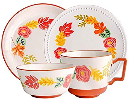 Elegante Essteller, feines Tafelservice, 4-teiliges Tafelservice für Singles, Porzellangruppe der Flower-Serie, Schüsseln, Teller und Becher, spülmaschinen- und mikrowellengeeignet, Orange