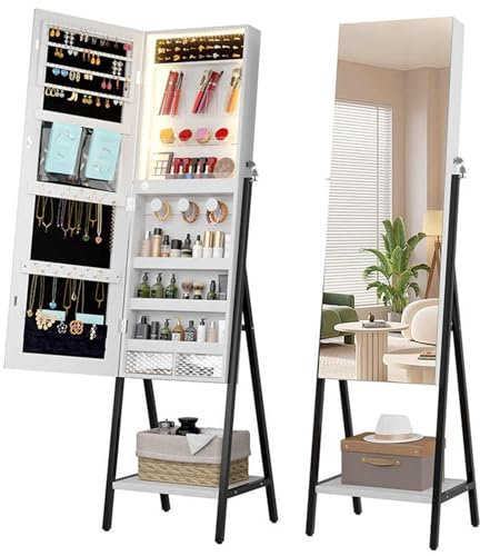 SanzIa Schmuckschrank Armoire mit Lichtern, Stehender Abschließbarer Schmuckschrank Organizer für Frauen, Eingebauter 3-Farben LED Schminkspiegel/Schublade
