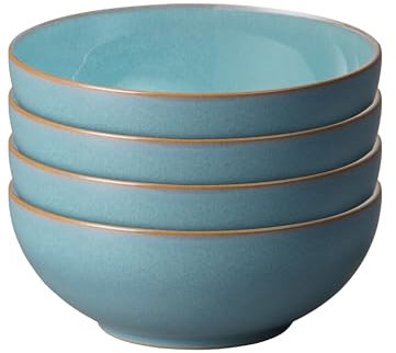 Denby - Azure Coupe Set of 4 Cereal Bowls - Dishwasher & Microwave Safe Ceramic Crockery - Powder Blue Glaze Bowls for Soup, Rice - Chip & Crack Resistant Stoneware for Everyday - L17xW17xH6.5cm