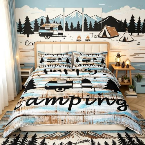 Loussiesd Bettwäsche-Set mit Happy Camping Wohnmobil-Motiv für Jungen und Mädchen, 3-teilig, zeitgenössischer rustikaler Holz-Vintage-Stil, Vintage-Scheune, Bettwäschedekoration