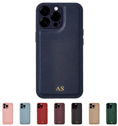 Tirita Personalised Leather Phone Case for iPhone 15 Pro – Leather Navy Blue Case or Cover With Custom Initials – Personalised Gift for Women or Men [11. Navy Blue Gold Embossed Initials]