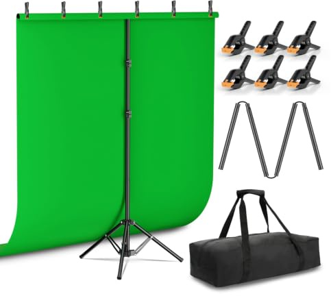 EMART Green Screen Backdrop Kit with Reverse Folding Base, 5x6.5ft Photo Greenscreen Background with Portable T-Shape Stand and 6 Clamps for Photography, Photoshoot, Studio Video Recording, Streaming