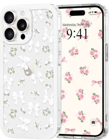 Urarssa for iPhone 14 Pro Clear Case, Cute Bowknot Pattern, White Rose Bow | Aesthetic Bow Design Phone Case for Women Girls, Slim Soft TPU Bumper Shockproof Protective Cover