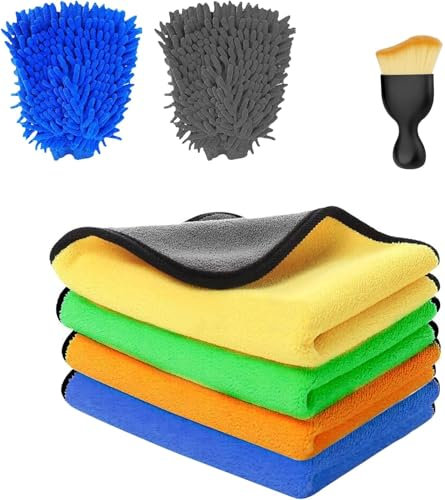 7 Pcs Car Care Set with 4 Microfibre Cloths & 2 Microfibre Wash Gloves & 1 Interior Cleaning Soft Brushes, Home Car Cleaning and Drying Package, Scratch-Free Drying