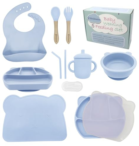 Melabama Silicone Baby Feeding Set – 10 Piece BPA-Free Weaning Kit with Adjustable Bib Suction Bowl Plate with Lid 3-in-1 Cup Non-Slip Placemat Finger Toothbrush Spoons and Forks (Cloud Hopper)