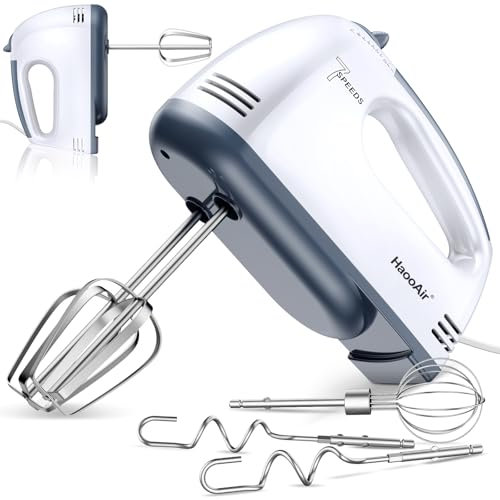 HaooAir Elektrischer Handmischer, 7-Geschwindigkeits kleiner Handmischer mit 304 Edelstahlschlägern, Teighaken & Whisk-Befestigung, 200W tragbarer Lebensmittelküchenmischer für Kuchen-Kekse-Creme