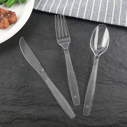 150 Pcs Heavy Duty Clear Plastic Cutlery Set Premium Quality Washable & Reusable 50 Spoons, 50 Forks, 50 Knives Set Perfect for for All Occasion Birthday Parties Weddings Camping (150)