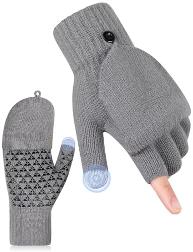 Kiiwah Rutschfeste Fingerlose Handschuhe, Anti-Rutsch Halbfinger Handschuhe mit Klappe Convertible Fingerhandschuhe Ohne Fingerkuppen Warm Strickhandschuhe für Herren Damen Innen und Außen
