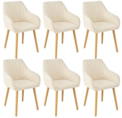 Goeurvant Lot de 6 Chaises de Salle à Manger avec Accoudoirs, Chaises de Cuisine Rembourrées en Tissu Chenille Doux, Pieds en Bois, Style Moderne, Beige/Blanc, pour Salle à Manger et Salon