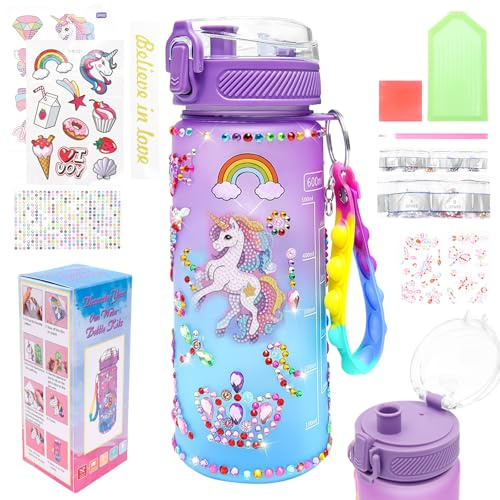Sutowe 600ML Present for Girl Age 4 to 12 DIY Decorate Your Own Water Bottle Kit with Keychain and Plastic Tray Sticker Present Idea Fun Arts and Crafts Toy for Kid Teen Birthday Gift Toy