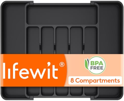 Lifewit Extendable Cutlery Drawer Organiser, Kitchen Utensil Tray with 8 Compartments for Spoons Forks and Knives, Black