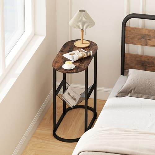 COSTWAY Table d'Appoint Étroite 2 Niveaux, Porte-revues en Maille Fer, Petite Table de Chevet Ovale Métallique pour Petits Espaces, Salon, Chambre (Marron Rustique)