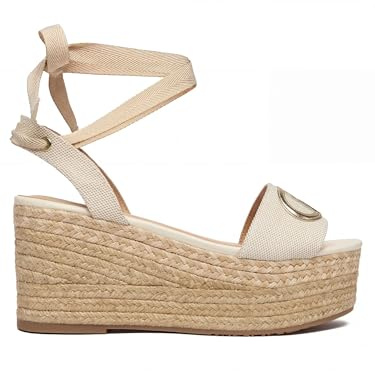 Liu Jo Sandali con Zeppa Espadrillas Beige, Lacci Alla Caviglia, Plateau in Corda, Logo Metallico, Punta Aperta, Tacco 10cm TG-41