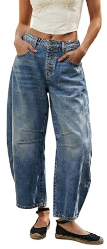 Barrel Y2K Y2K Jean pour femme taille haute et jambes larges avec poches, stretch 7/8, style vintage, streetwear, boyfriend, pantalon d'été, bleu, L