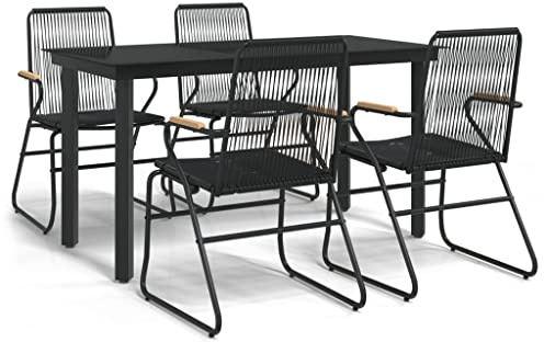 PUGYNBK 5-TLG. Garten-Essgruppe Schwarz mit PVC Rattan, Glas-Tischplatte und Stahlgestell, inklusive 4 Sessel mit Armlehnen für bis zu 110 kg pro Sitzplatz