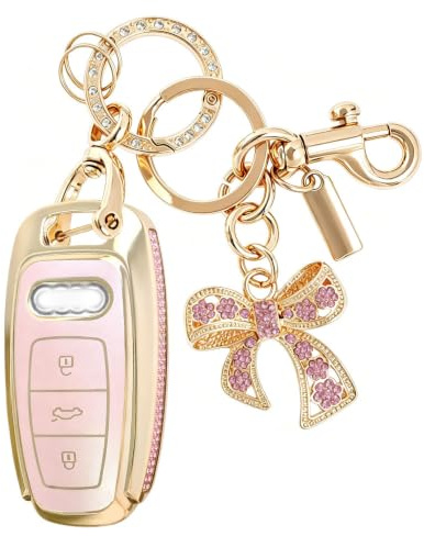Kirain Quicksand Pink TPU Protection Car Key Fob Cover Compatible with Audi A6L A6 A7 A8 Q7 Q8 E-Tron 2019 2020 3 Button - Smart Key