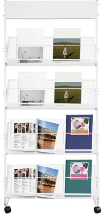 hongward Prospekthalter, Zeitschriftenständer mit Rollen, 4 Schicht Prospektständer, 63x36x148 cm, Stehend, Stahl, für Broschüren, Faltblätter und Zeitschriften (Weiß)