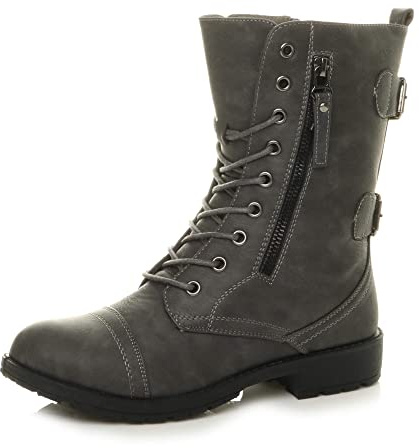 AJVANI Womens ladies flat low heel lace up zip combat army military ankle boots size.