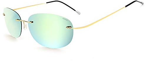 RONSOU Ultraleichte Randlose Reine Titan-bunte Mode Polarisierte Sonnenbrille für Männer und Frauen_Goldener Rahmen Goldene Linse (gespiegelt)
