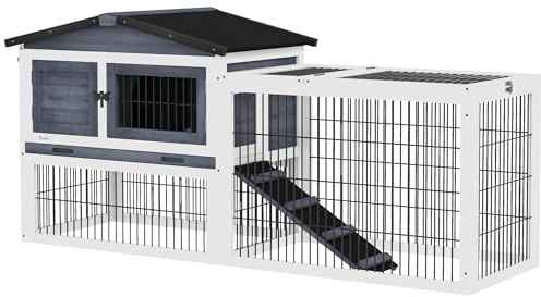 PawHut 2 Levels Outdoor Rabbit Hutch with Openable Top, 59 Wooden Large Rabbit Cage with Run Weatherproof Roof, Removable Tray, Ramp, Dark Gray