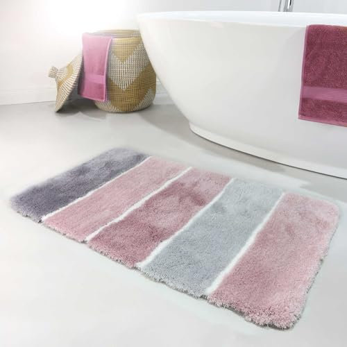 Homie Living Badteppich, Badematte kuscheliger Flauschiger weicher Flor l rutschfest und Waschbar Rio Marina (80 x 150 cm, Rosa Grau Silber)