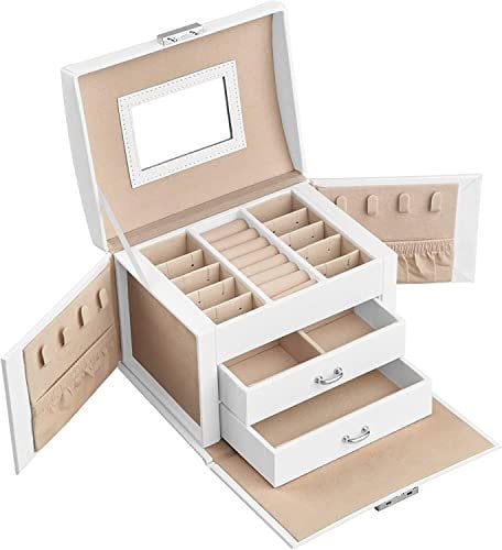 SONGMICS Scatola Portagioie, 3 Livelli, Porta Gioielli con Maniglie, 2 Cassetti, Specchio e Chiusura, Portagioie da Viaggio, Moderno, Idea Regalo, Bianco Classico JBC154W01
