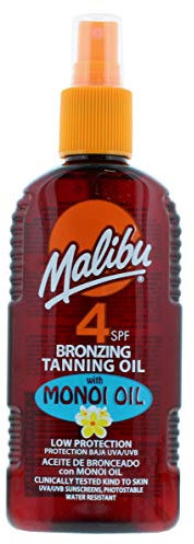 Malibu LSF 4 Bräunungsöl-Spray mit Monoi-Öl, geringer Schutz, wasserabweisend, 200 ml