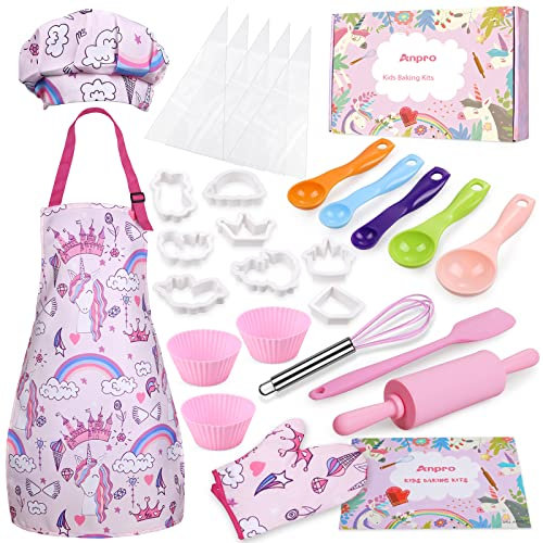 Anpro Chef-Set Koch-und Backset für Kinder, Backset Rollenspiele maßgeschneiderte Schürzen, Kochmützen, Handschuhe und Einhornmuster Kinderkoch Rollenspielkostüme, Kinder ab 3-7