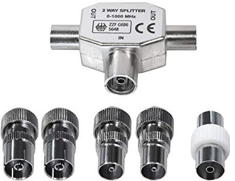 Koaxial verteiler 2-Fach,Antennen Verteiler, BK Verteiler 0-1000 MHz für DVB-T/BK,T-Adapter Verteiler für Kabelfernsehen+5 xTV-Antennen-Koaxialstecker