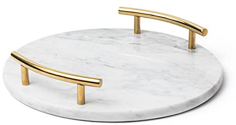 White Marble Tray with Gold Handles - Marble Perfume Tray for Vanity - Round Decorative Tray (Round, White)