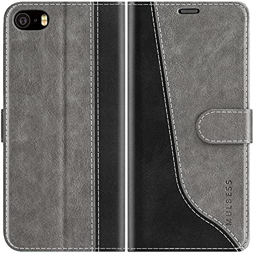 Mulbess für iPhone 5s / 5 / iPhone SE 2016 Hülle, Handyülle Leder mit Kartenfach, Klapphülle mit Magnetverschluss, Flip Case Etui Handytasche Schutzhülle, Stilvoll Grau