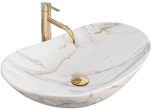 Rea Aufsatzwaschbecken Royal Shiny AIAX, Waschtisch Handwaschbecken Waschschale Waschbecken für Badezimmer aus hochwertiger Keramik, 605 x 360 x 160 mm (Weiß, Marmorimitat)