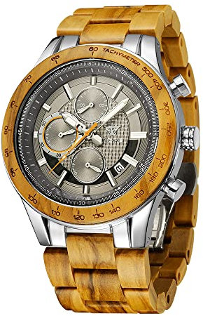 VICVS Herrenuhren aus Holz und Edelstahl, Chronograph 3 Zifferblätter Chronograph Quarz Casual Business Multifunktionale Herrenuhren aus Holz, handgefertigt (Olive Metal)