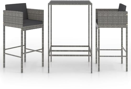 vidaXL Gartenbar Set 3-TLG. mit Kissen Theke Bar Tresen Gartentheke Bartisch Stehtisch Barhocker Barstuhl Gartenmöbel Poly Rattan Grau