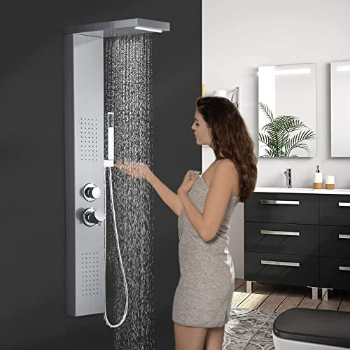 YARDIN Duschpaneel 304 Edelstahl Regendusche mit Wandhalterung Duschkopf Handbrause 4 in 1 Multifunktion mit Thermostat Duschpaneelsystem（Silber-Duschpaneel）
