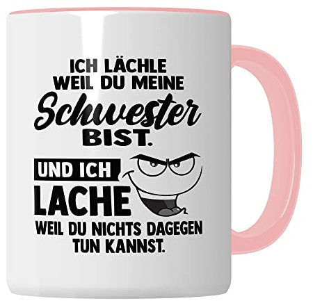 Tasse Schwester Geschenk, Ich lächle weil du meine Schwester bist Geschenkidee für die Schwester Kaffee-Becher Kaffeetasse Tasse mit Spruch lustig Teetasse Geschwister (Weiß/Pink)