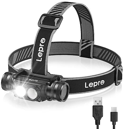 Lepro Linterna Frontal LED Recargable, Linterna Cabeza Alta Potencia Desmontable de 1000 lúmenes, 6 Modos con Luz Rojo Impermeable IP65, Luz Frontal para Caza, Pesca, Construcción, Mecánica