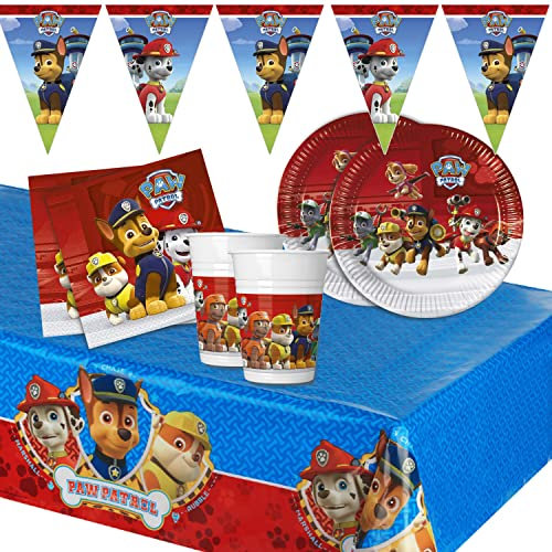 Lage Kit Décoration Fête d’Anniversaire Enfants Pat Patrouille, Couverts Jetables pour 16 Invités, Ensemble de Vaisselle avec 16 Assiettes, 16 Gobelets, 20 Serviettes, 1 Nappe, 1 Guirlande de Fanions