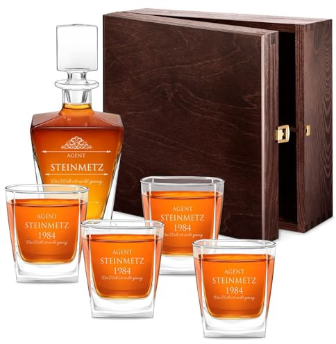 Maverton Whisky Karaffe 800 ml + 4 / 6er Whisky Gläser Set mit Gravur - Glas Karaffe mit Gläsern - personalisiertes Whiskey Decanter Set für Männer - für Whiskygenießer - Agent