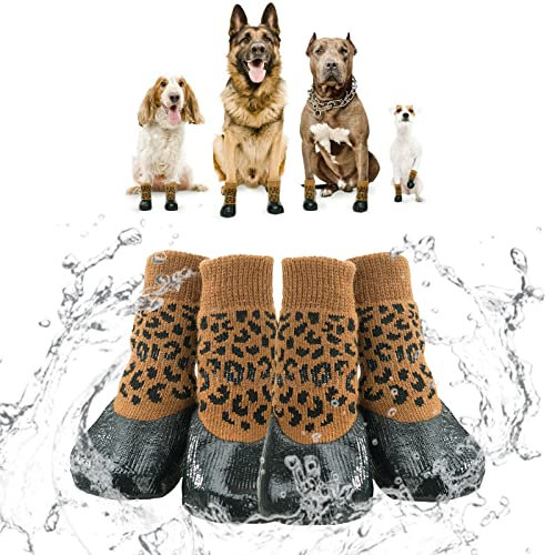 Hjumarayan Hundesocken Wasserdicht - Hundeschuhe Pfotenschutz Outdoor, Socken Hund 4 Stück, Hundesocken Anti Rutsch, Hundeschuhe Pfotenschutz Wasserfeste Winter für Chihuahua, Leopardenmuster (0#)