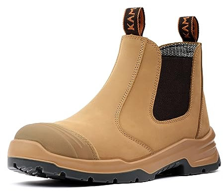 KAM-LITE Scarpe da lavoro uomo scarpe antinfortunistiche antiscivolo punta in acciaio impermeabile traspirante stivali da lavoro in pelle, frumento, 44 EU Larga