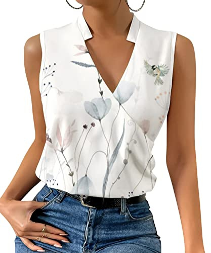 ORANDESIGNE Débardeur Femme Chic Et Élégant Top Chemisier Sexy Blouse Ample Haut Été sans Manches Tee Shirt Col V Fluide Mode Casual Chemise Classique Debardeur Travail Camisole A 12 S