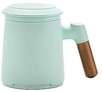 ZENS Teetasse mit Deckel und Sieb, 360 ml Holzgriff Teebecher mit Teesieb und Deckel für Losen Tee, Matte Keramik Teetassen Geschenke für Teeliebhaber, handgesprühte Hellgrün Glasur