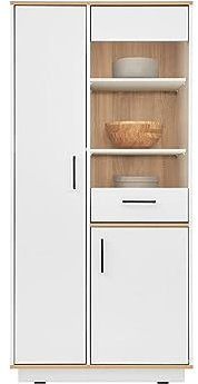 Mirjan24 Vitrine Sintir SN03 mit 3 Türen und 10 Fächer, B:80 x H:168 x T:40 cm, Standvitrine, Glasvitrine, Vitrinenschrank, Hochvitrine, Wohnzimmer, Schrank (Weiß Lux + Biskuit-Eiche)