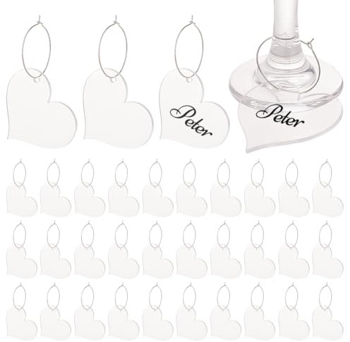 FINGERINSPIRE 40 Pcs Wine Glass Charms Markers Tags Clear Acrylic Heart Shape Wine Charms with Iron Hoop Wine Glass Identifier Tags Drink Ring Tags for Party Favors Gift for Party Favors Gift