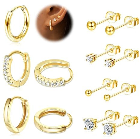 LOLIAS 7 Paar Ohrringe Damen, 925 Silber Huggie Creolen Ohrstecker, 14K Vergoldete Set für Mehrere Ohrlöcher, Hypoallergene Goldene Piercing Ohr für Mädchen